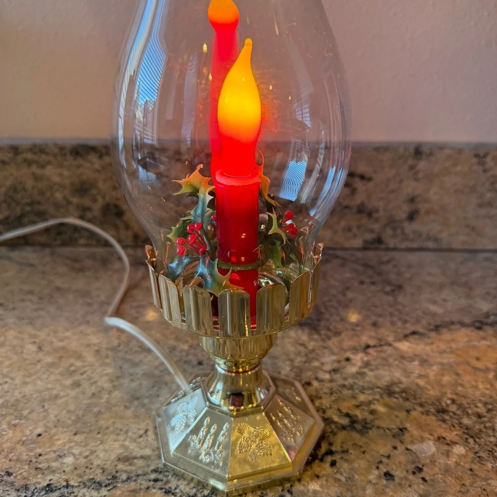Vintage ACLA Electric Christmas Hurricane Candle Lamp with Holly.